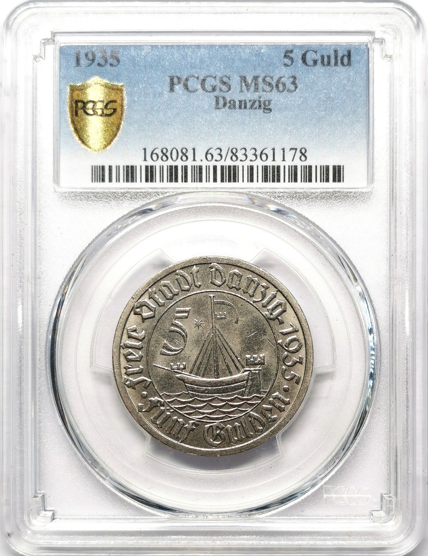 凡希万国世界钱币年度大拍第二季 荐！PCGS MS63 1935但泽自由港5盾镍币 除了1923年版外，所有的但泽主币都是少而且贵，5盾达到63已属难得一见，独特的帆船图案代表了但泽作为重要港口的历史地位。