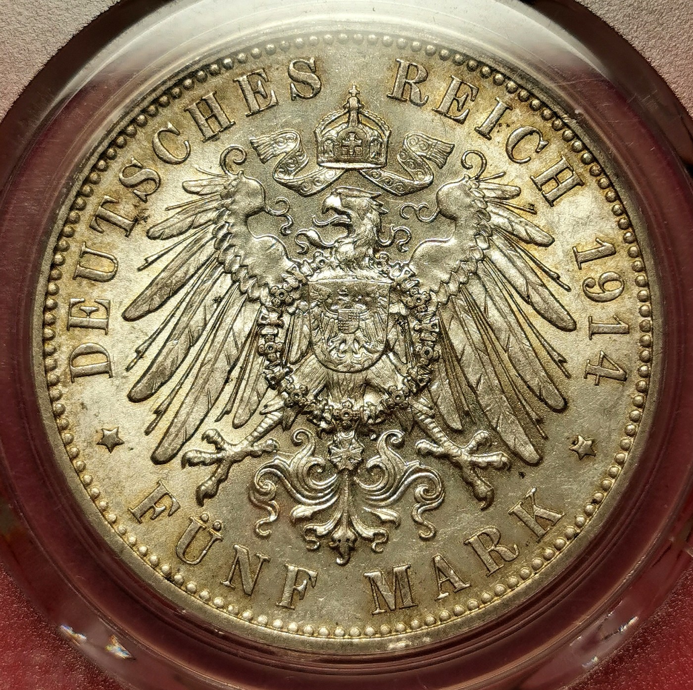 凡希万国世界钱币年度大拍第二季 PCGS MS62 1914德国萨克森流通5马克 原味转光