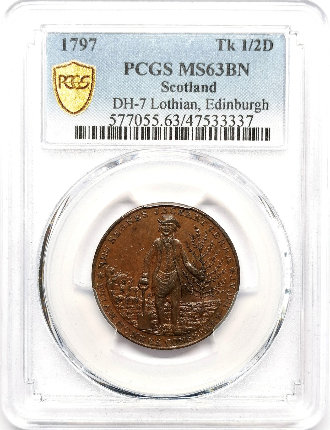 凡希万国世界钱币年度大拍第二季 PCGS MS63BN 1797苏格兰爱丁堡新校舍1/2便士铜代币 稀见品种！