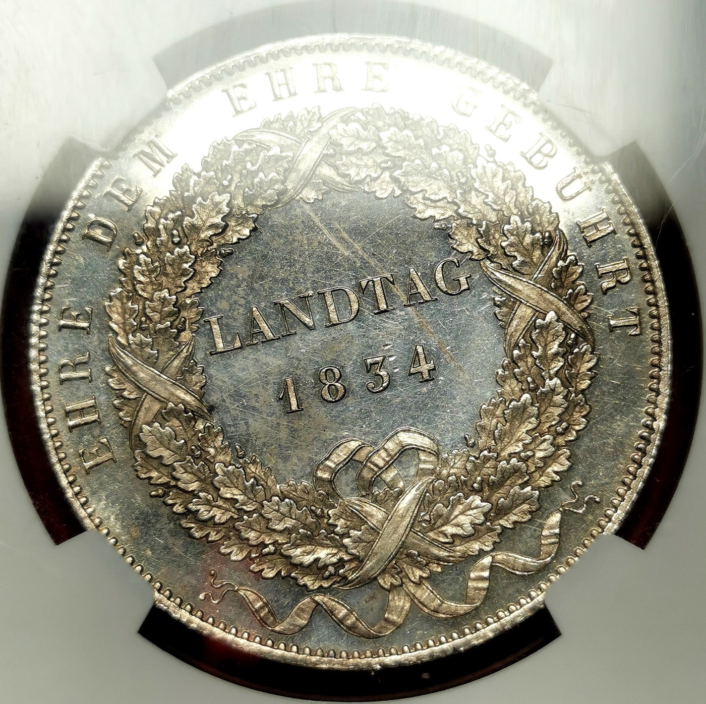 凡希万国世界钱币年度大拍第二季 NGC MS62PL 1834年德国巴伐利亚路德维希一世纪念历史学家大泰勒 类精致镜面淡金彩 亚军分