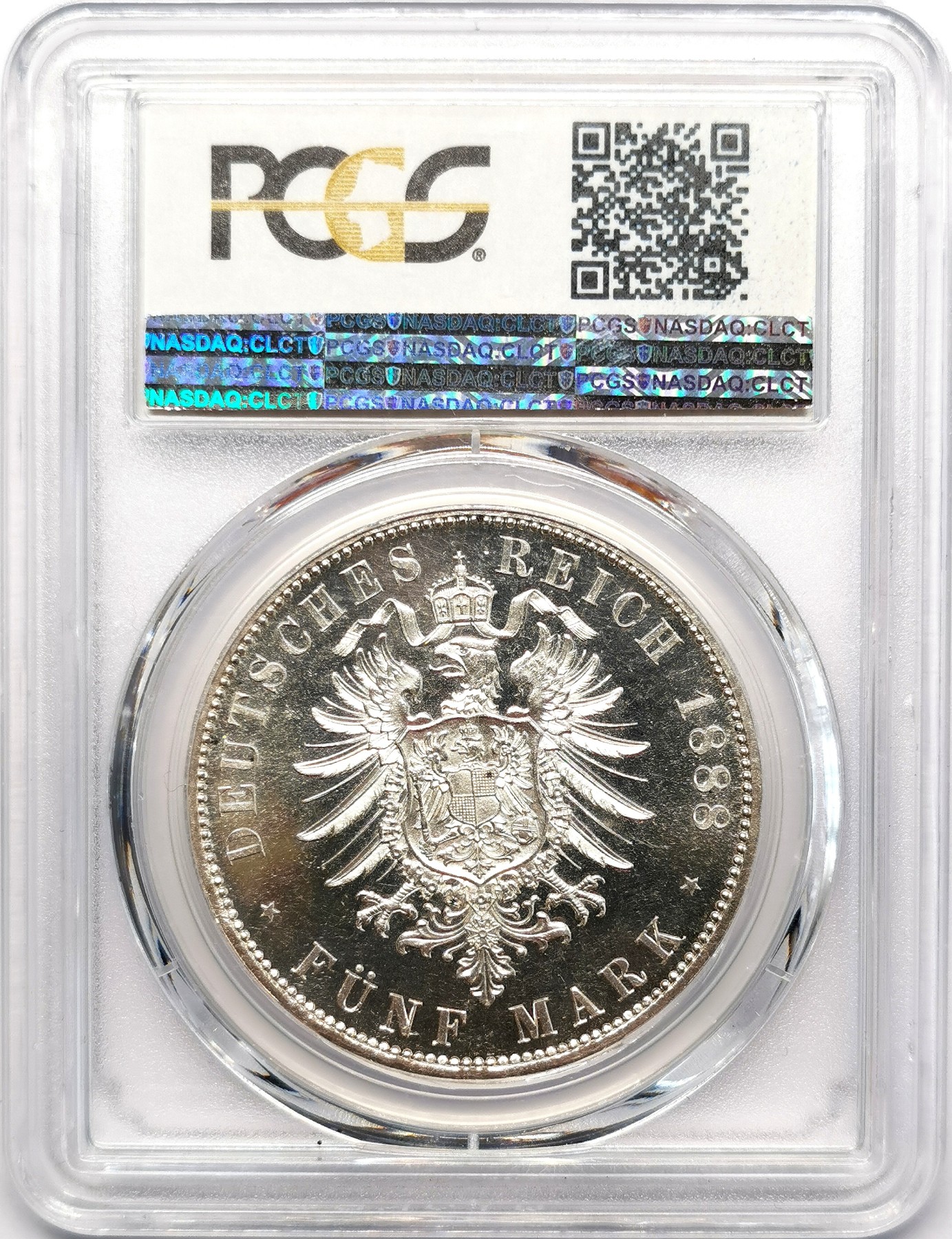 凡希万国世界钱币年度大拍第二季 荐！PCGS PR64CAM 1888年德国普鲁士腓特烈三世5马克 超绝精致镜面 人像与短翅高点的凝霜感极其突出 底板的平整与镜面感发出黝黑的深邃感 马克名誉品种中难度不小的终身典藏品质