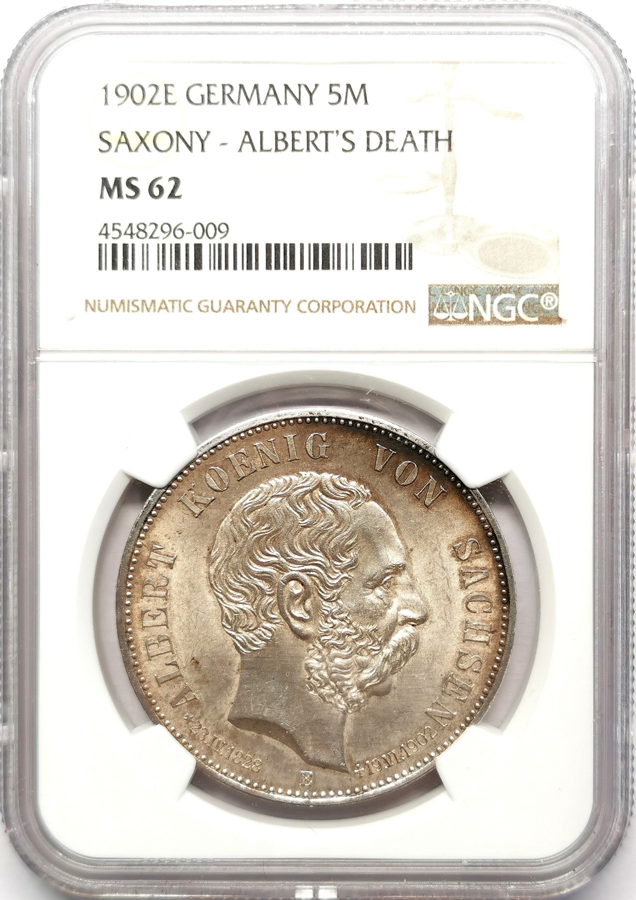 凡希万国世界钱币年度大拍第二季 NGC MS62 1902德国萨克森阿尔伯特逝世5马克 原味转光
