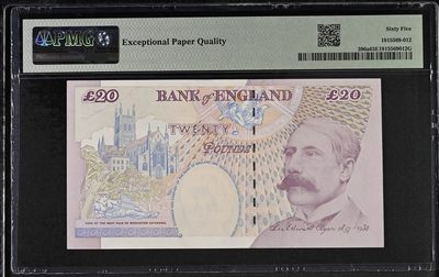 🌗乐淘淘世界纸币收藏拍卖 第36期🌓 【AB75 815999】英国1999年纸币 20镑 豹子号999 女王钞 PMG65EPQ