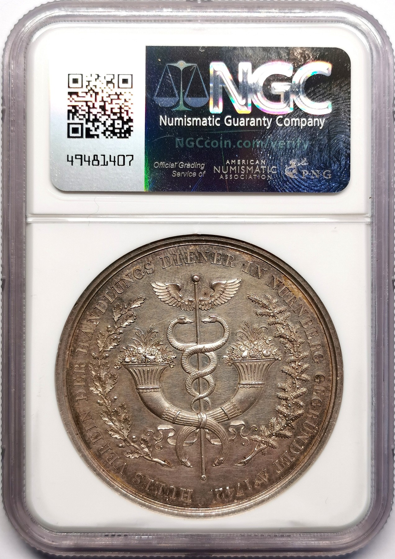 凡希万国世界钱币年度大拍第二季 NGC MS61 1842年德国纽伦堡行政公务员辅助基金百年纪念大银章 44MM 29G 稀少