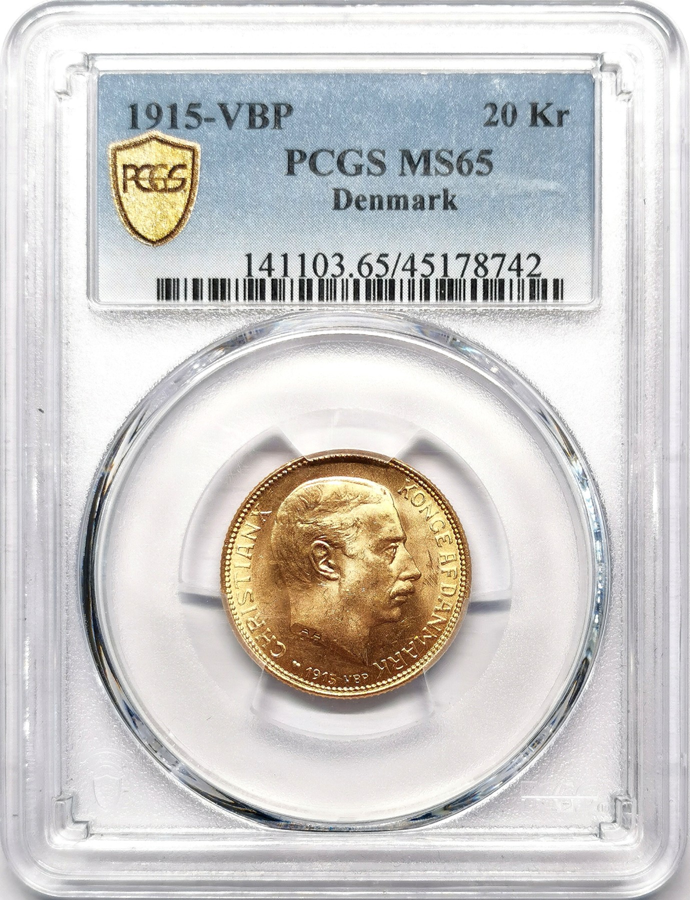 凡希万国世界钱币年度大拍第二季 1915丹麦克里斯蒂安十世20克朗金币PCGS MS65高分！8.96g 900金