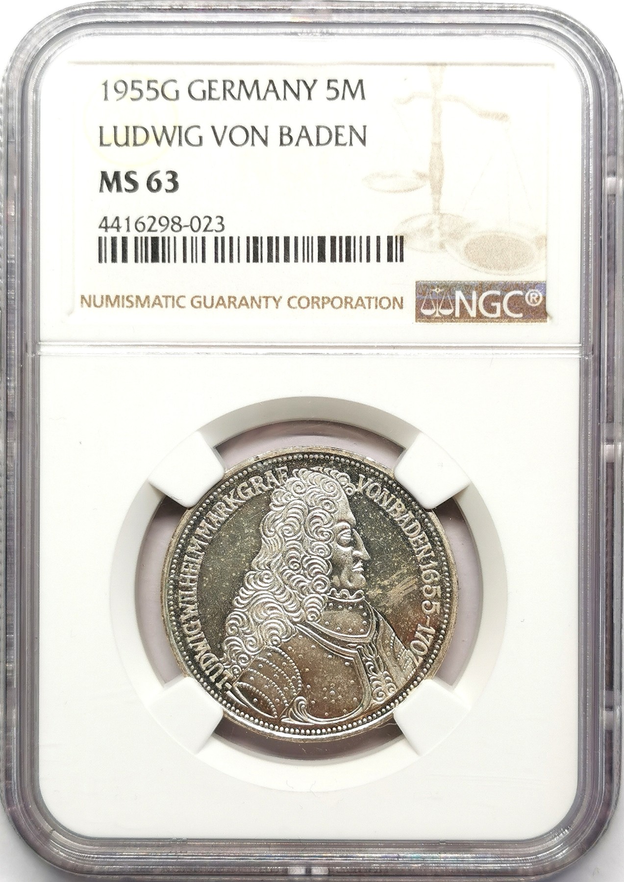 凡希万国世界钱币年度大拍第二季 NGC MS63 1955G联邦德国巴登大公路德维希纪念5马克 西德五珍之一