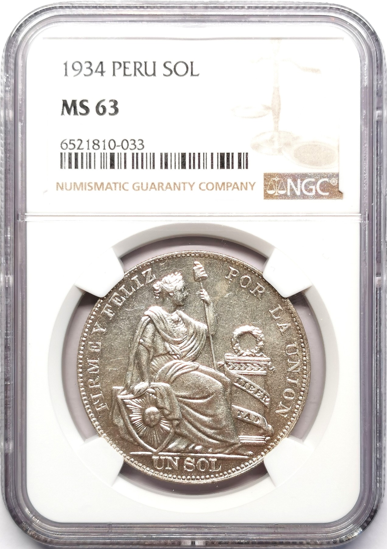 凡希万国世界钱币年度大拍第二季 NGC MS63 1934年秘鲁坐像女神1索尔