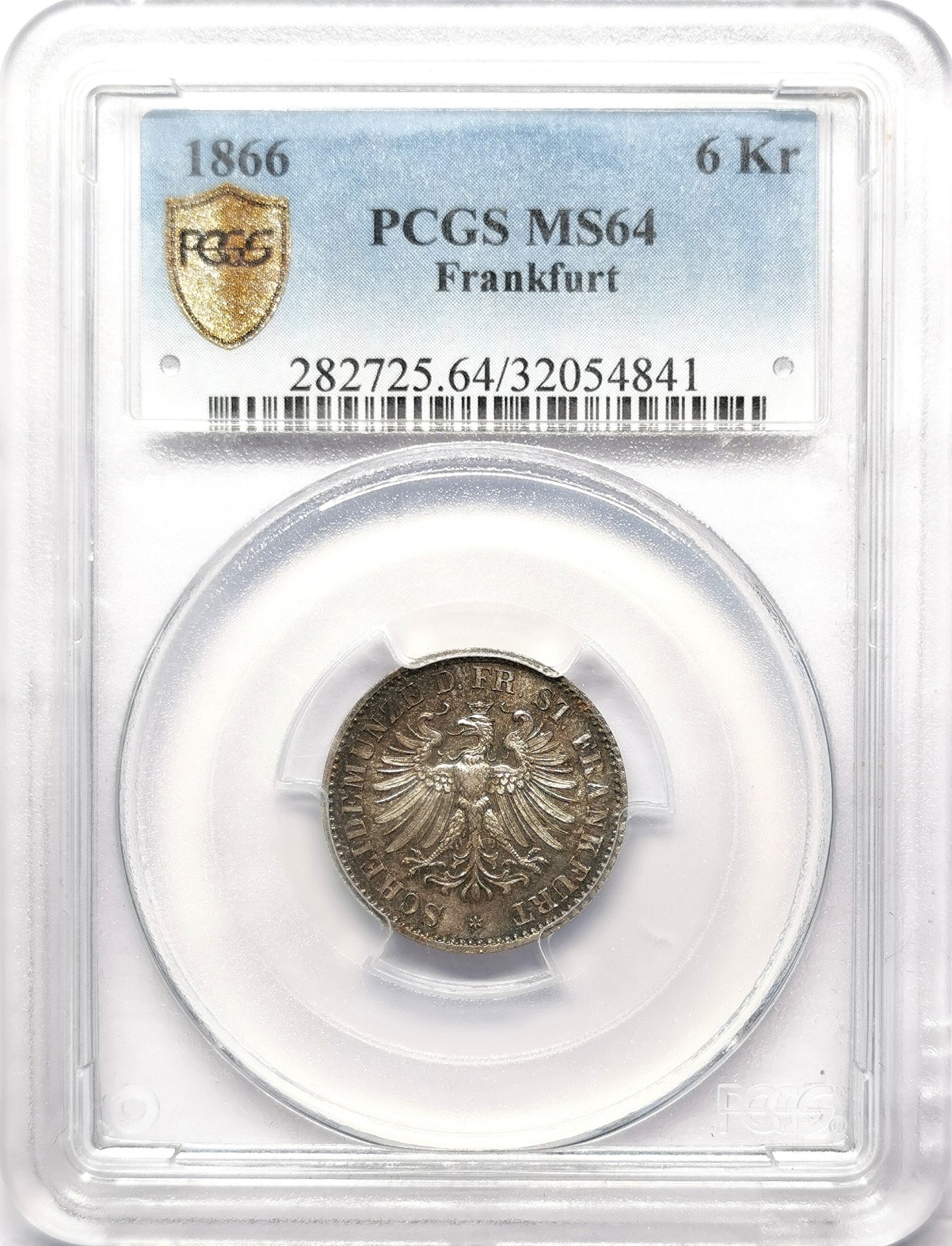 凡希万国世界钱币年度大拍第二季 PCGS  MS64 1866法兰克福6克洛泽银辅币深色五彩