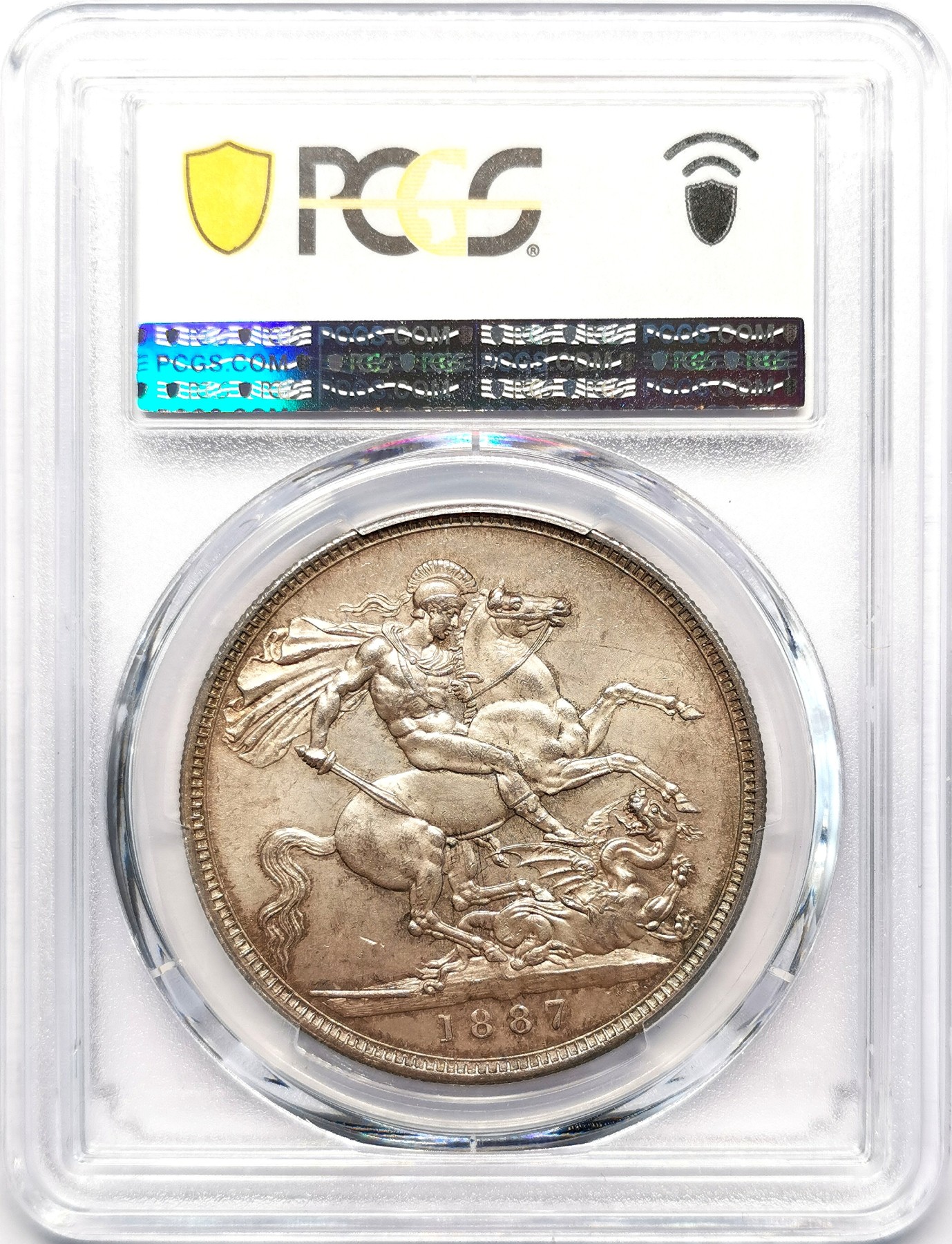 凡希万国世界钱币年度大拍第二季 PCGS MS62 1887年英国维多利亚马剑克朗大银 淡雅环彩