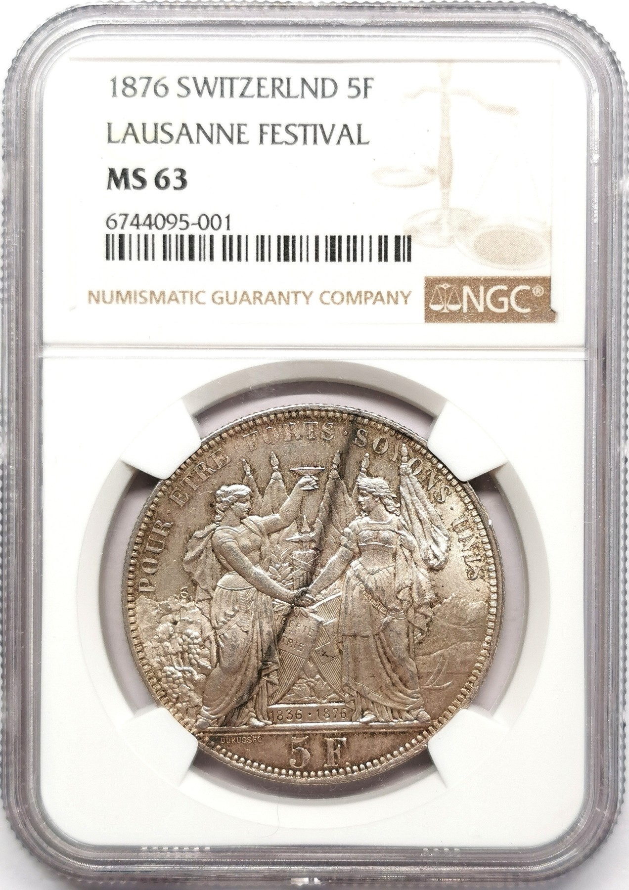 凡希万国世界钱币年度大拍第二季 荐！NGC MS63 1876瑞士卢塞恩城市景观5法郎大银 质感极佳的一枚！