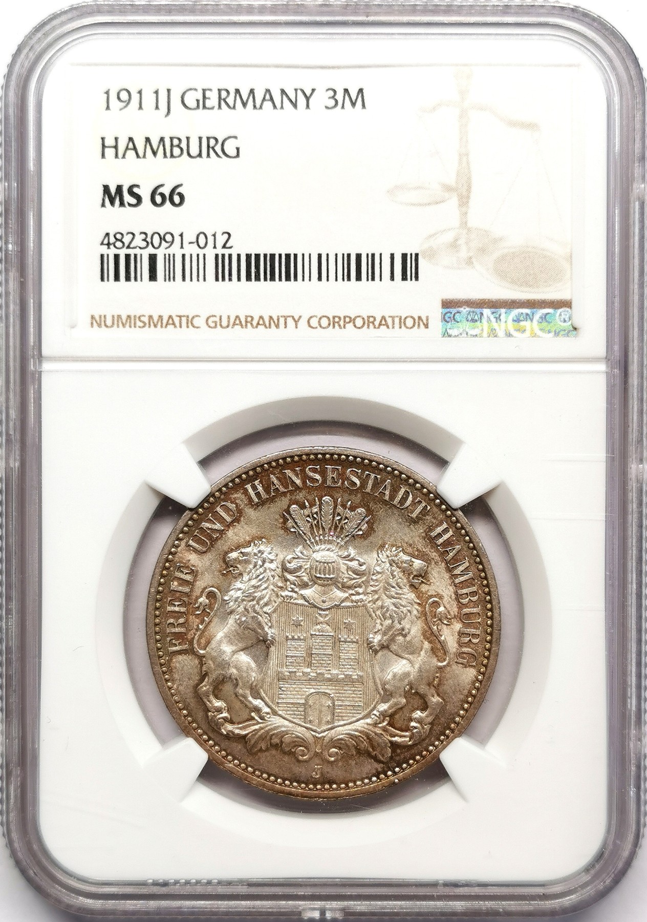凡希万国世界钱币年度大拍第二季 NGC MS66 1911年德国汉堡双狮盾徽流通3马克 顶级高分