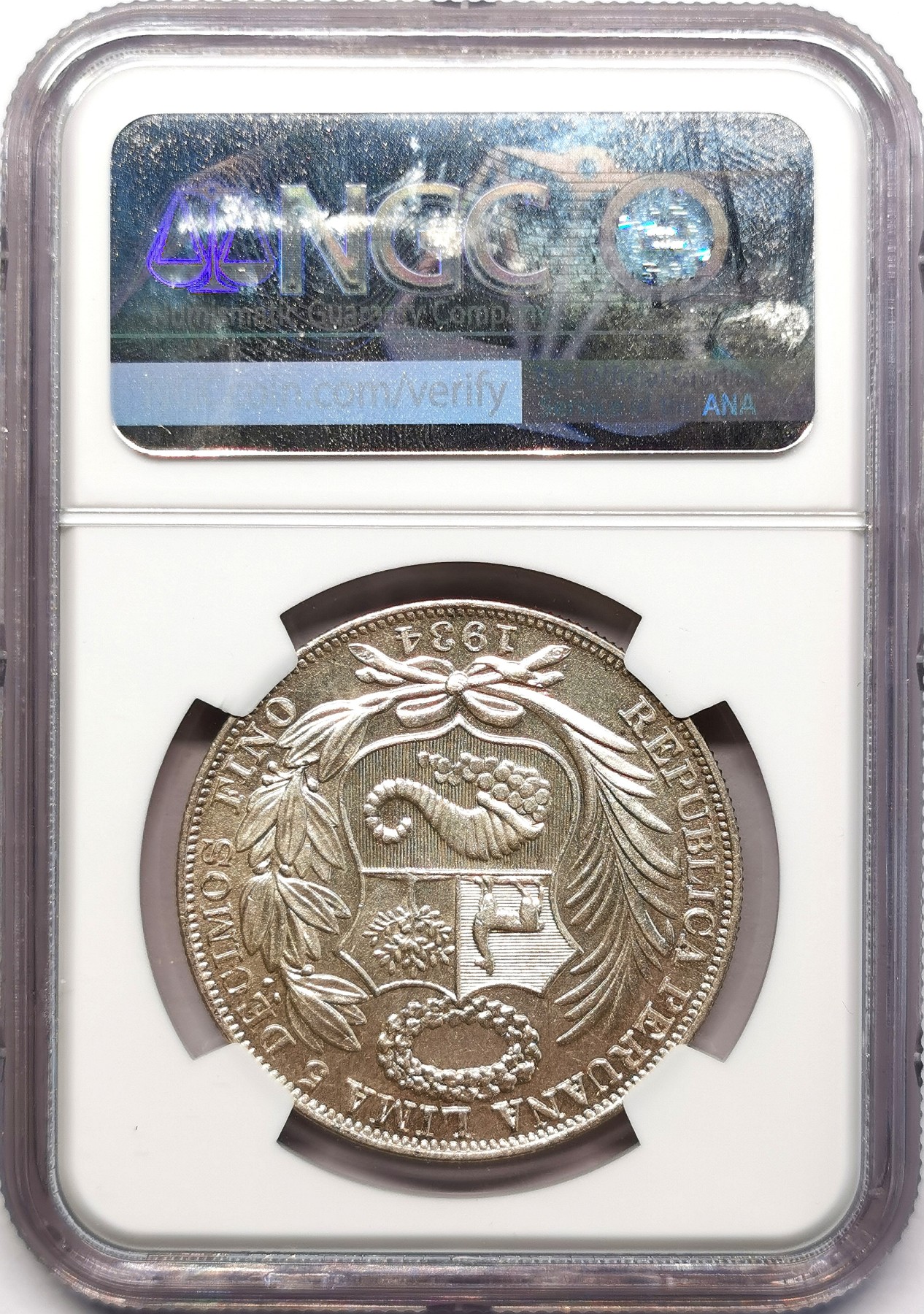 凡希万国世界钱币年度大拍第二季 NGC MS63 1934年秘鲁坐像女神1索尔