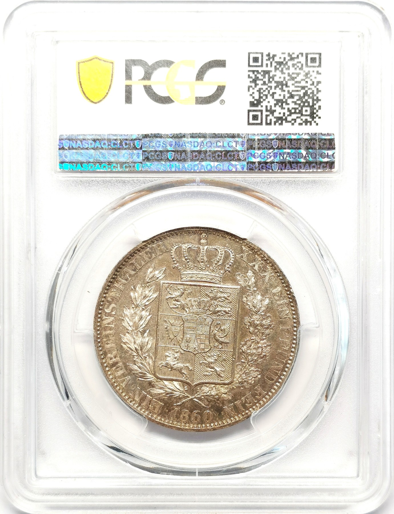 凡希万国世界钱币年度大拍第二季 PCGS MS63 1860德国欧登堡流通纹章1泰勒 难度相当大的小邦流通泰勒，书价极高的品种，原味带彩，PC更高分只有一枚。