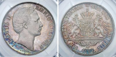 凡希万国世界钱币年度大拍第二季 - PCGS MS64PL 1865年德国法巴利亚路德维希二世双狮流通1泰勒 唯一冠军分类镜面精致五彩 高点人像与盾徽的喷砂感与如镜子般的底板形成极致反差 近200年形成的五彩斑斓如星星般点缀在正反币面的浮雕与字体之间 此枚难度与稀少程度在联合泰勒中都占有重要的一席之地