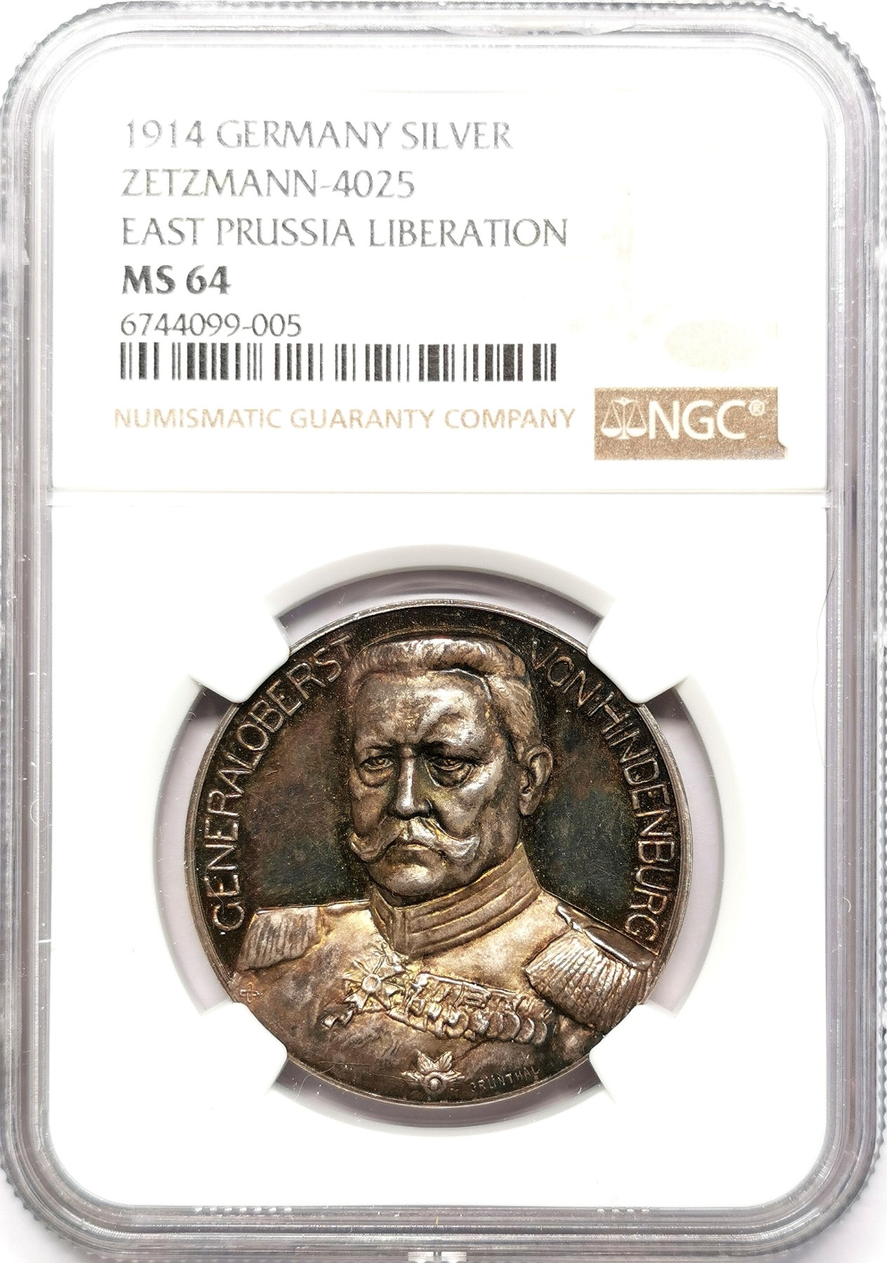 凡希万国世界钱币年度大拍第二季 NGC MS64 1914年德国一战统帅兴登堡东线大捷纪念高浮雕银章 镜面黑金彩