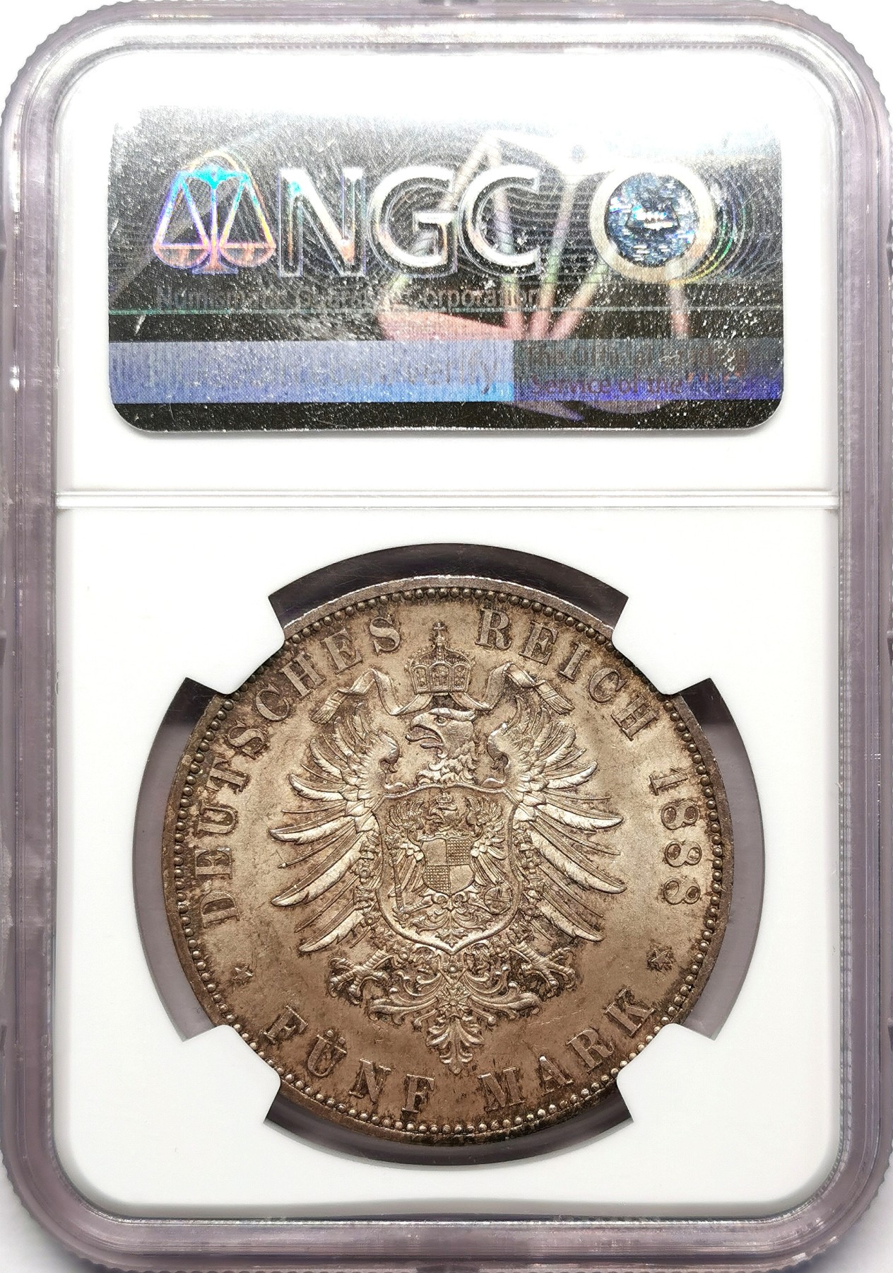 凡希万国世界钱币年度大拍第二季 NGC MS64+ 1888年德国普鲁士腓特烈三世短翅流通5马克 高分原味五彩
