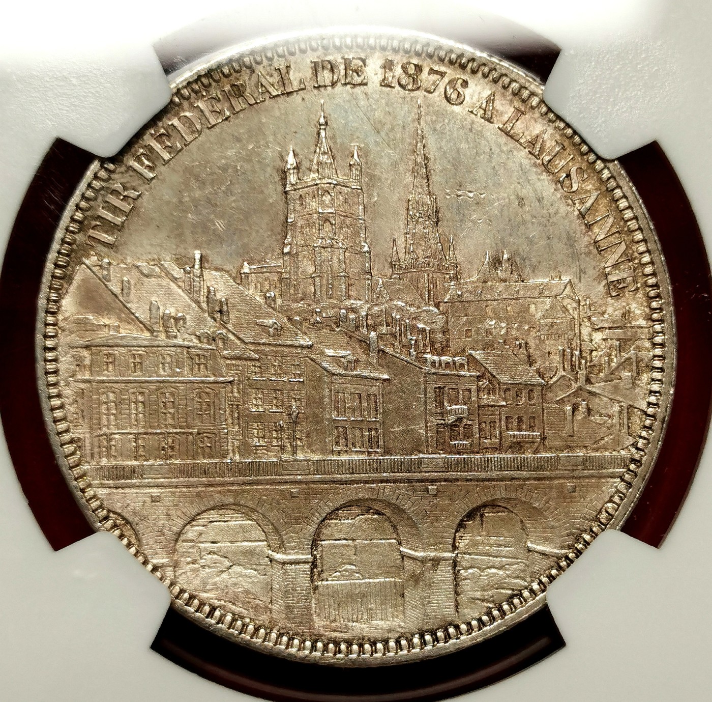 凡希万国世界钱币年度大拍第二季 荐！NGC MS63 1876瑞士卢塞恩城市景观5法郎大银 质感极佳的一枚！