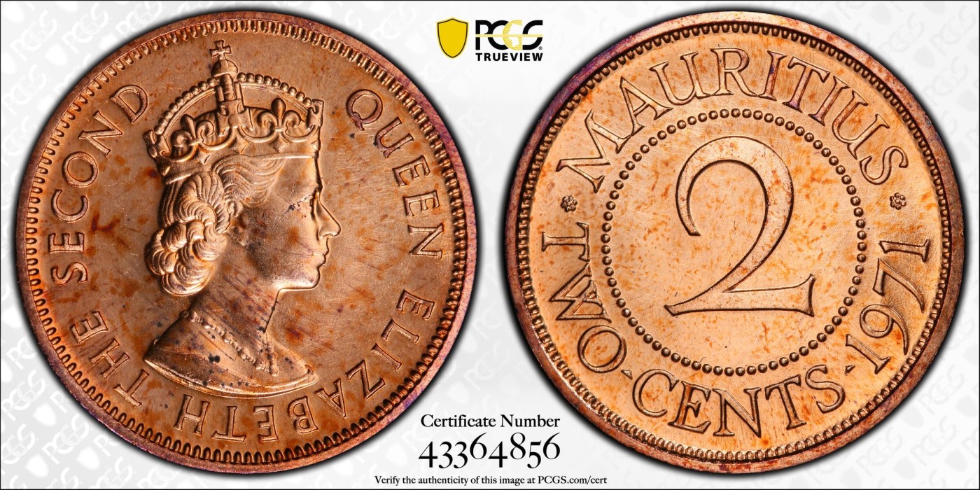 凡希万国世界钱币年度大拍第二季 PCGS SP64RD 1971英属毛里求斯2分铜币 KingsNorton窖藏！