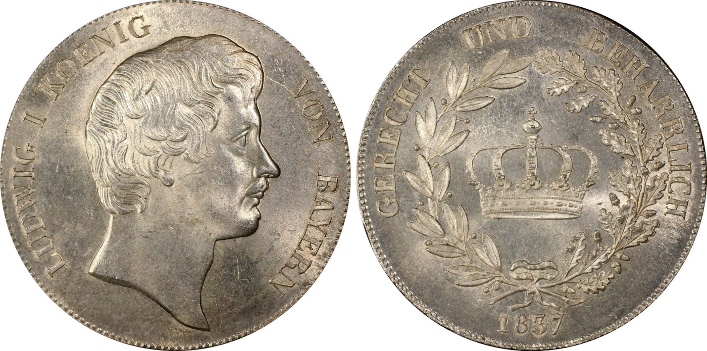 凡希万国世界钱币年度大拍第二季 PCGS MS64 1837年德国巴伐利亚路德维希一世流通皇冠大泰勒 最后的皇冠泰勒 1837年之后皇冠泰勒被2泰勒取代了 高分极其不易