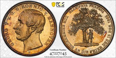 凡希万国世界钱币年度大拍第二季 - PCGS MS62 1865年德国汉诺威自由的弗里斯兰人民橡树纪念1泰勒 2000枚的发行量注定了不平凡的品质 此枚金红色包浆裹身 镜面底板 收藏品质