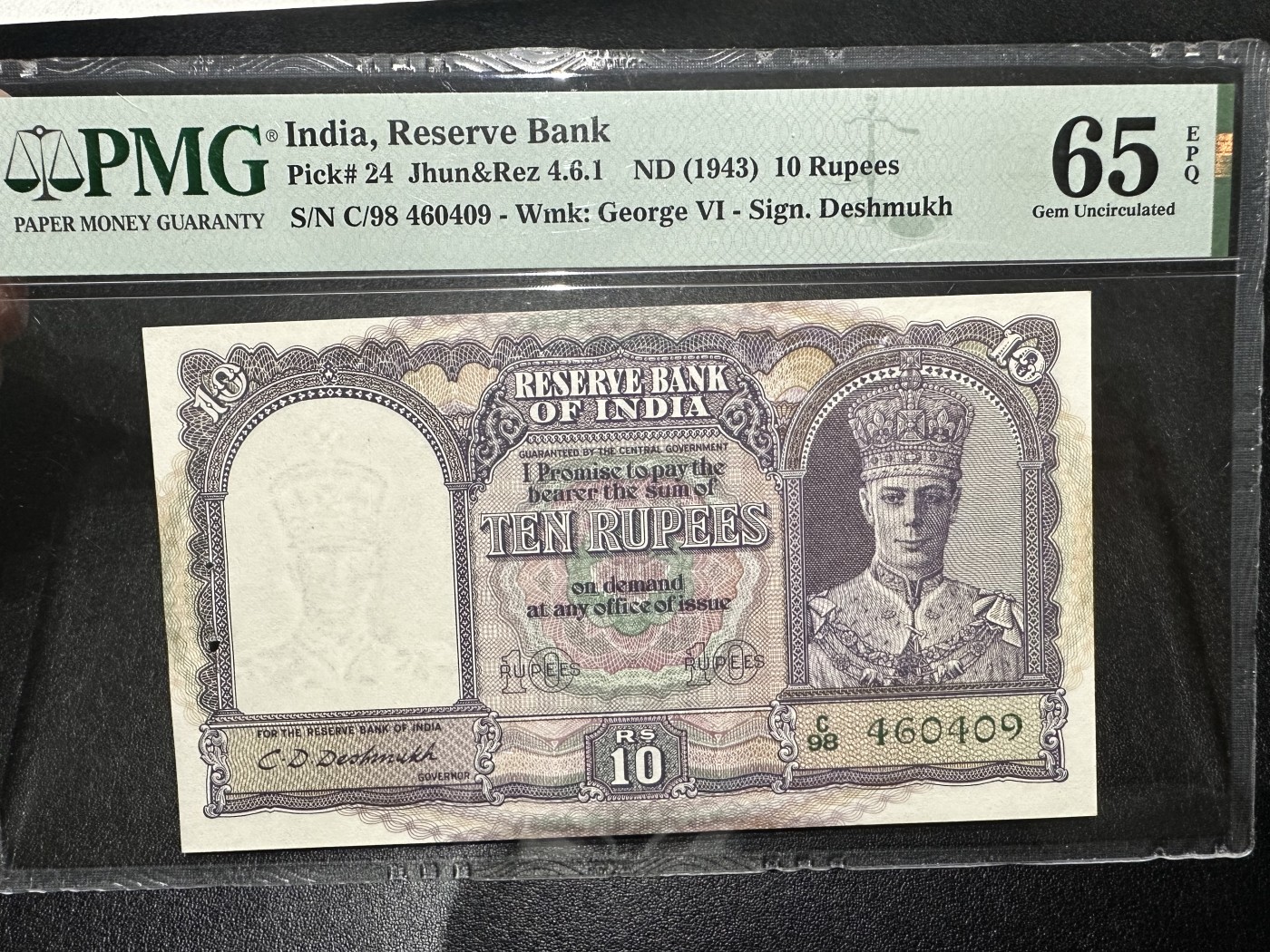 《外钞收藏家》第三百二十六期（连拍第三场） 1943年英属印度 10卢比 PMG65 乔治六世