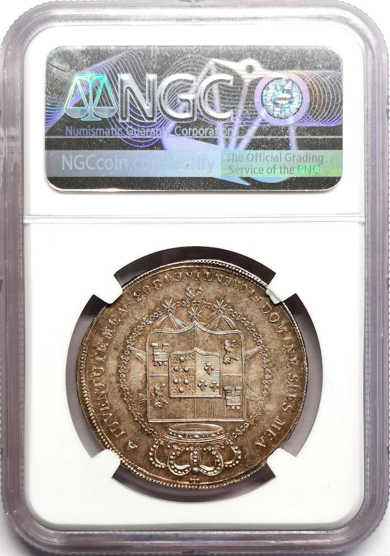 凡希万国世界钱币年度大拍第二季 荐！NGC MS62 1803托斯卡纳母与子5里拉 迷人的青绿包浆，同分里的状态天花板！