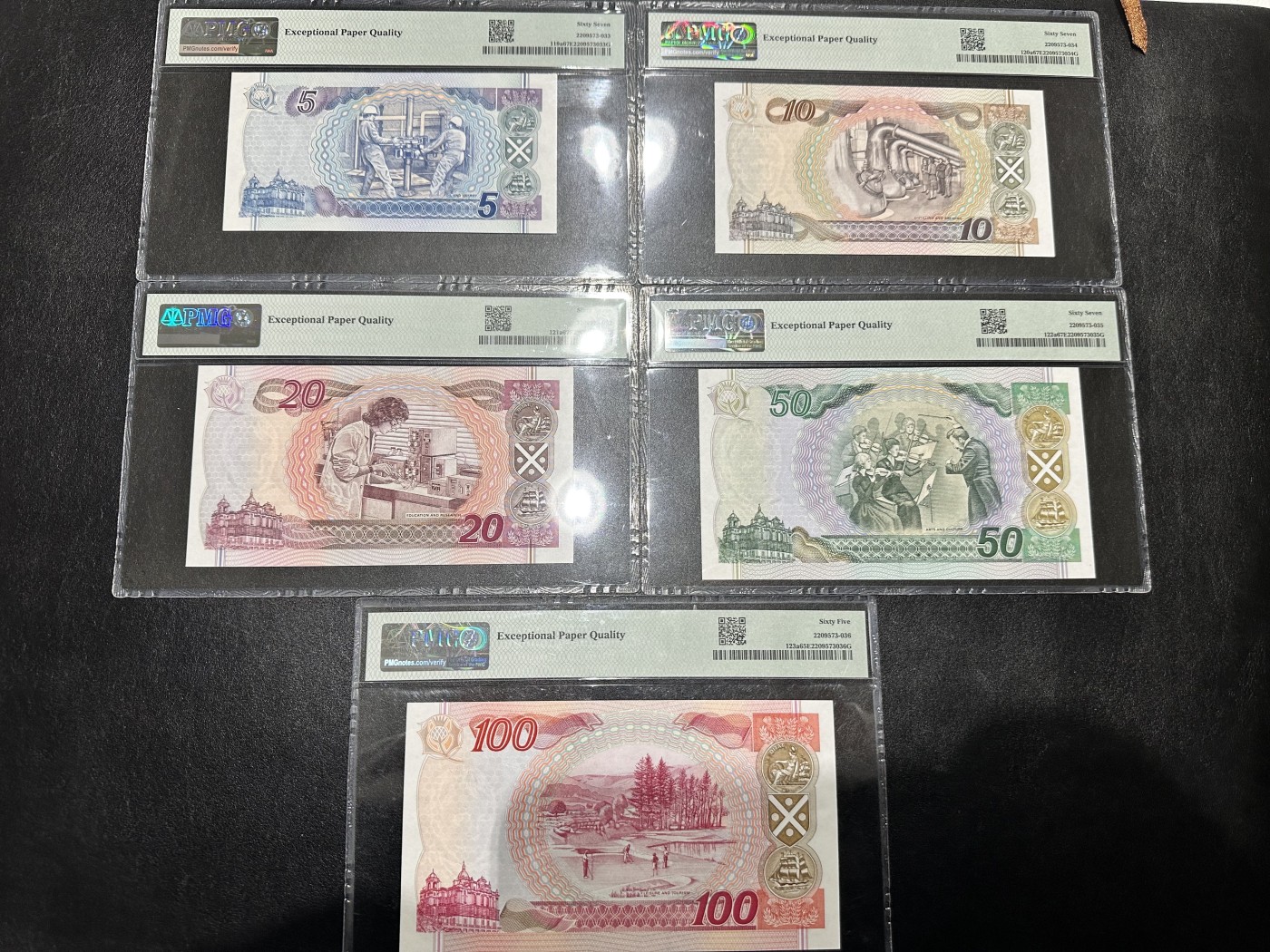 《外钞收藏家》第三百二十六期（连拍第三场） 1995年苏格兰5-100镑 五张一起 全同号百位391号 分数如图