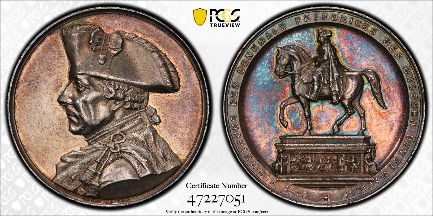 凡希万国世界钱币年度大拍第二季 PCGS SP61 1851年德国柏林菩提树下大街（林登大道）腓特烈大帝铜像落成纪念银章 银质高浮雕极其稀少 属于多年难见的品种  金红色幻彩