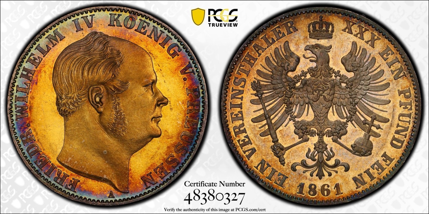 凡希万国世界钱币年度大拍第二季 PCGS MS63 1861年德国普鲁士威廉四世末年流通离冠鹰1泰勒 镜面金虹彩倒影包浆说明一切 人像与离冠鹰有明显的喷砂感 出品人是按PROOF购入 最终只给MS 