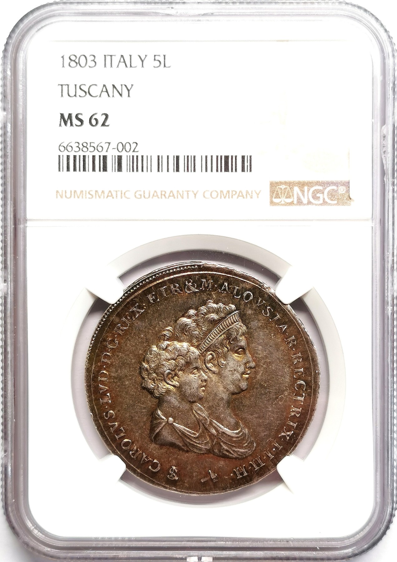 凡希万国世界钱币年度大拍第二季 荐！NGC MS62 1803托斯卡纳母与子5里拉 迷人的青绿包浆，同分里的状态天花板！