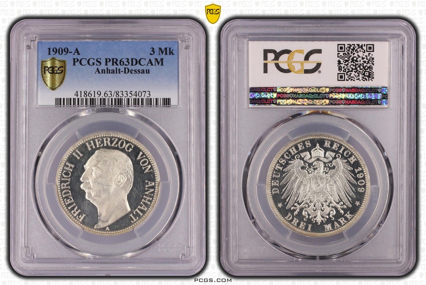 凡希万国世界钱币年度大拍第二季 PCGS PR63DCAM 1909年德国安哈特-德邵流通精致3马克 极致的深度精致镜面