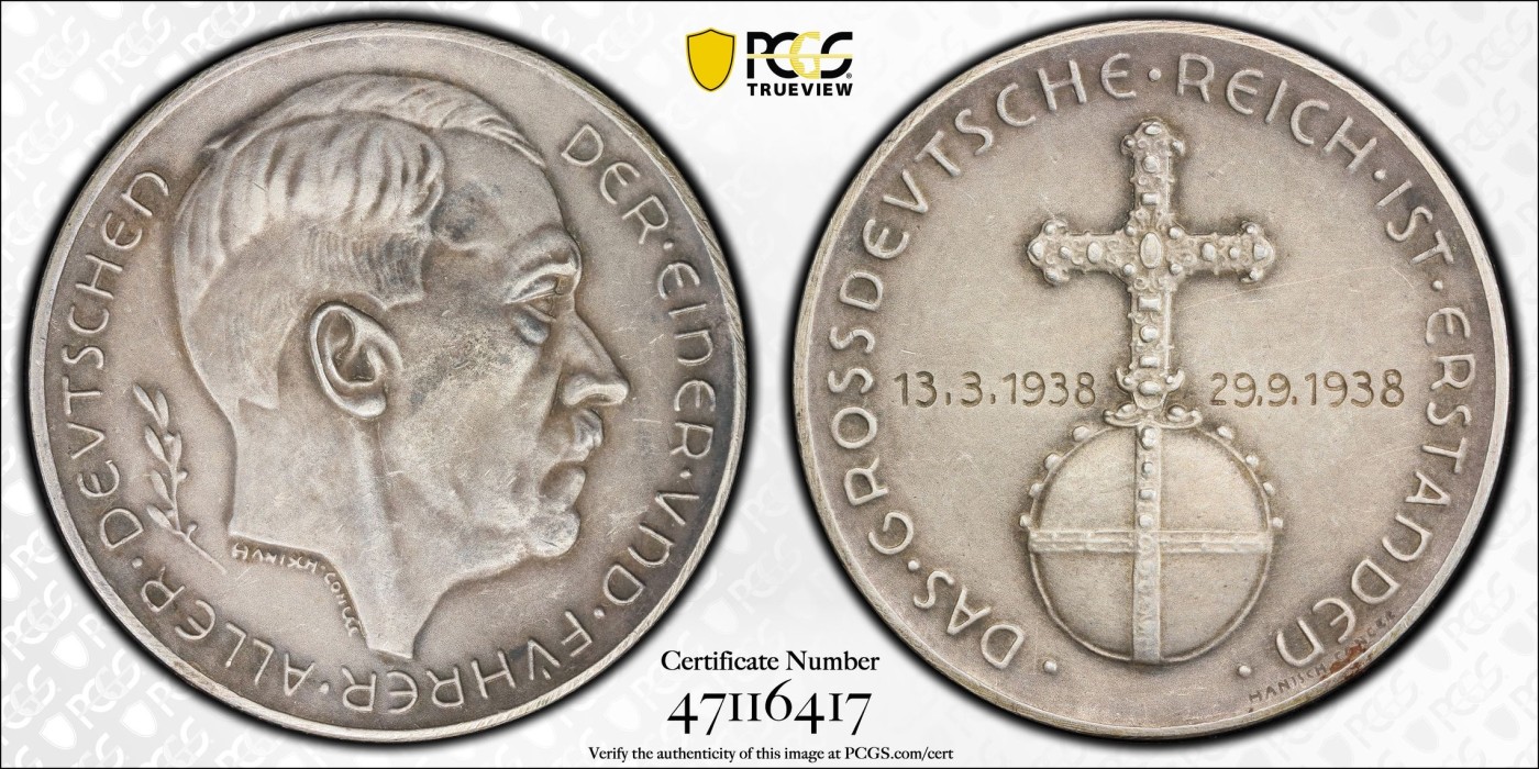 凡希万国世界钱币年度大拍第二季 PCGS SP61 1938年德国一把手纪念吞并奥地利银章 名誉品种