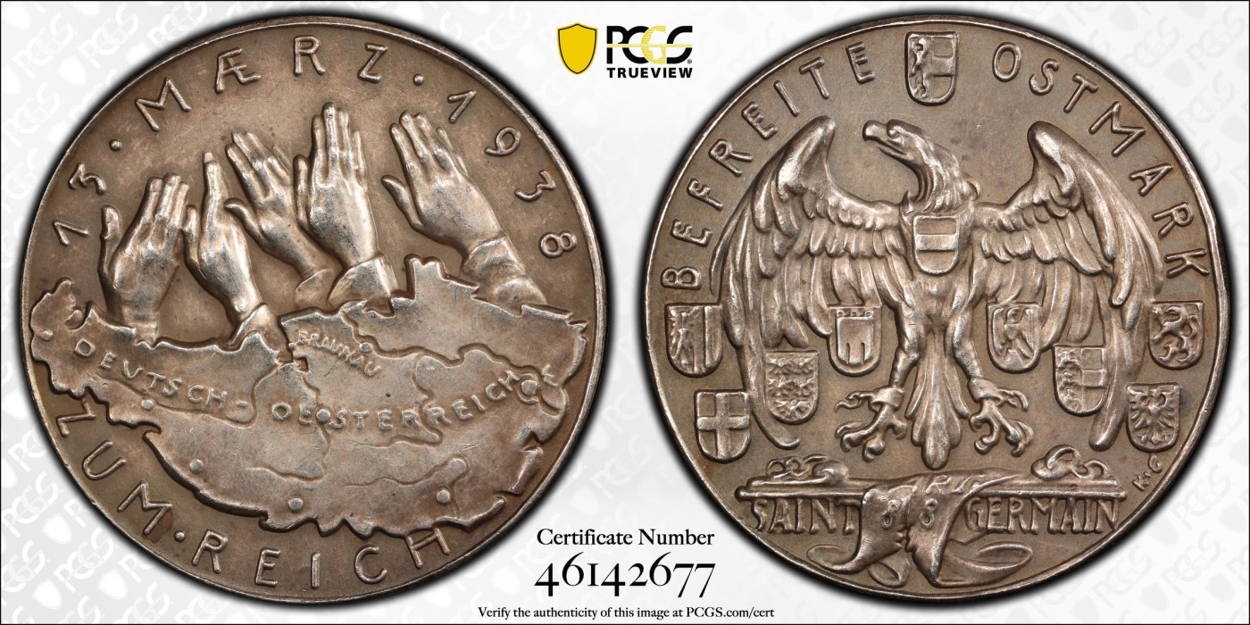 凡希万国世界钱币年度大拍第二季 PCGS SP63 1938年德三帝国吞并奥地利纪念银章 卡尔哥茨作品