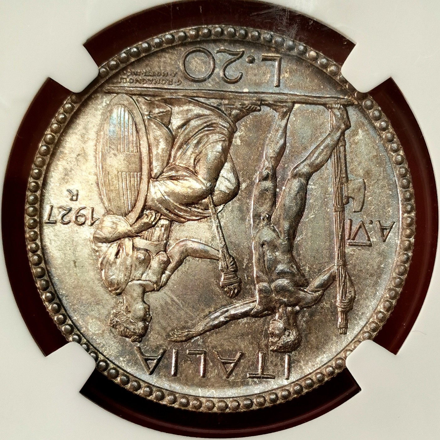 凡希万国世界钱币年度大拍第二季 荐！NGC MS66 1927意大利束棒裸男20里拉银币 高分潜力股 绝美天花板品相！