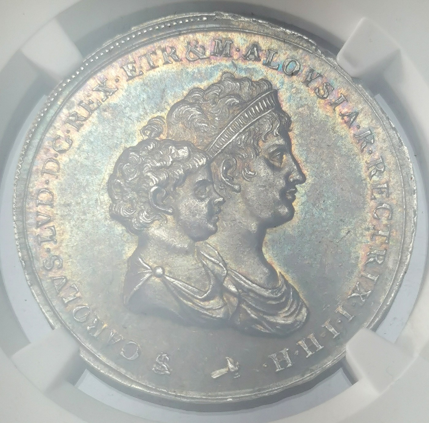 凡希万国世界钱币年度大拍第二季 荐！NGC MS62 1803托斯卡纳母与子5里拉 迷人的青绿包浆，同分里的状态天花板！