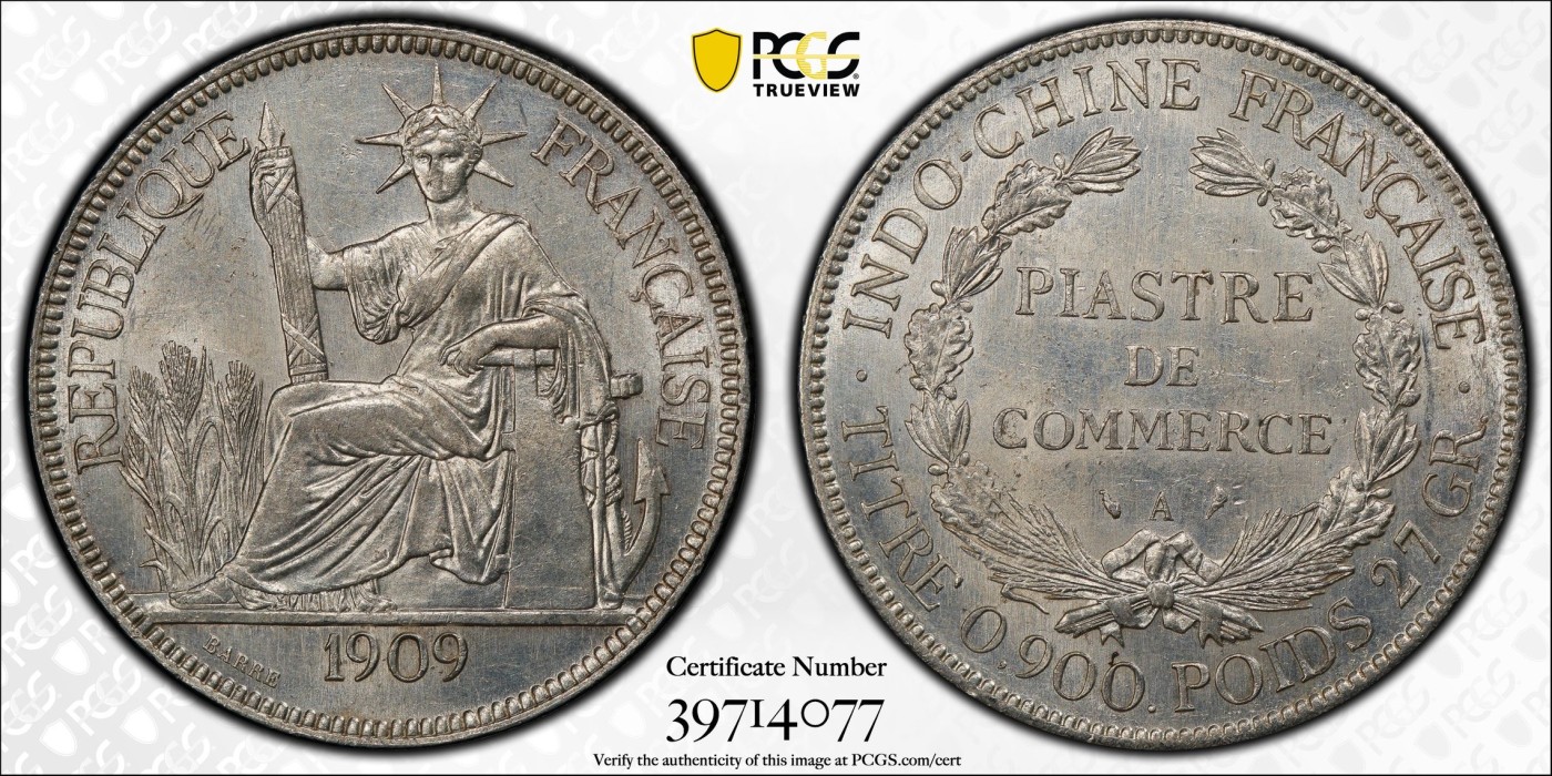 凡希万国世界钱币年度大拍第二季 PCGS MS62 1909A法属印度支那皮亚斯特大银 原色银光！