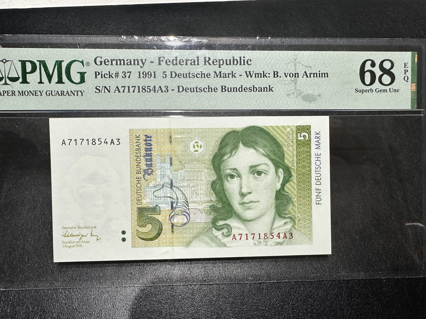 《外钞收藏家》第三百二十六期（连拍第三场） 1991年德国5马克 PMG68 AA冠