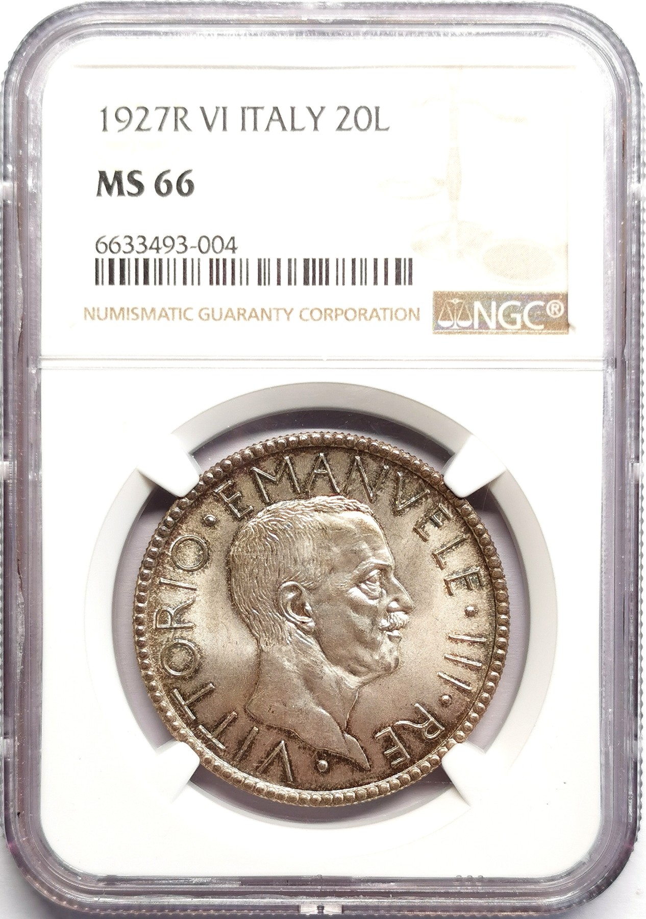 凡希万国世界钱币年度大拍第二季 荐！NGC MS66 1927意大利束棒裸男20里拉银币 高分潜力股 绝美天花板品相！