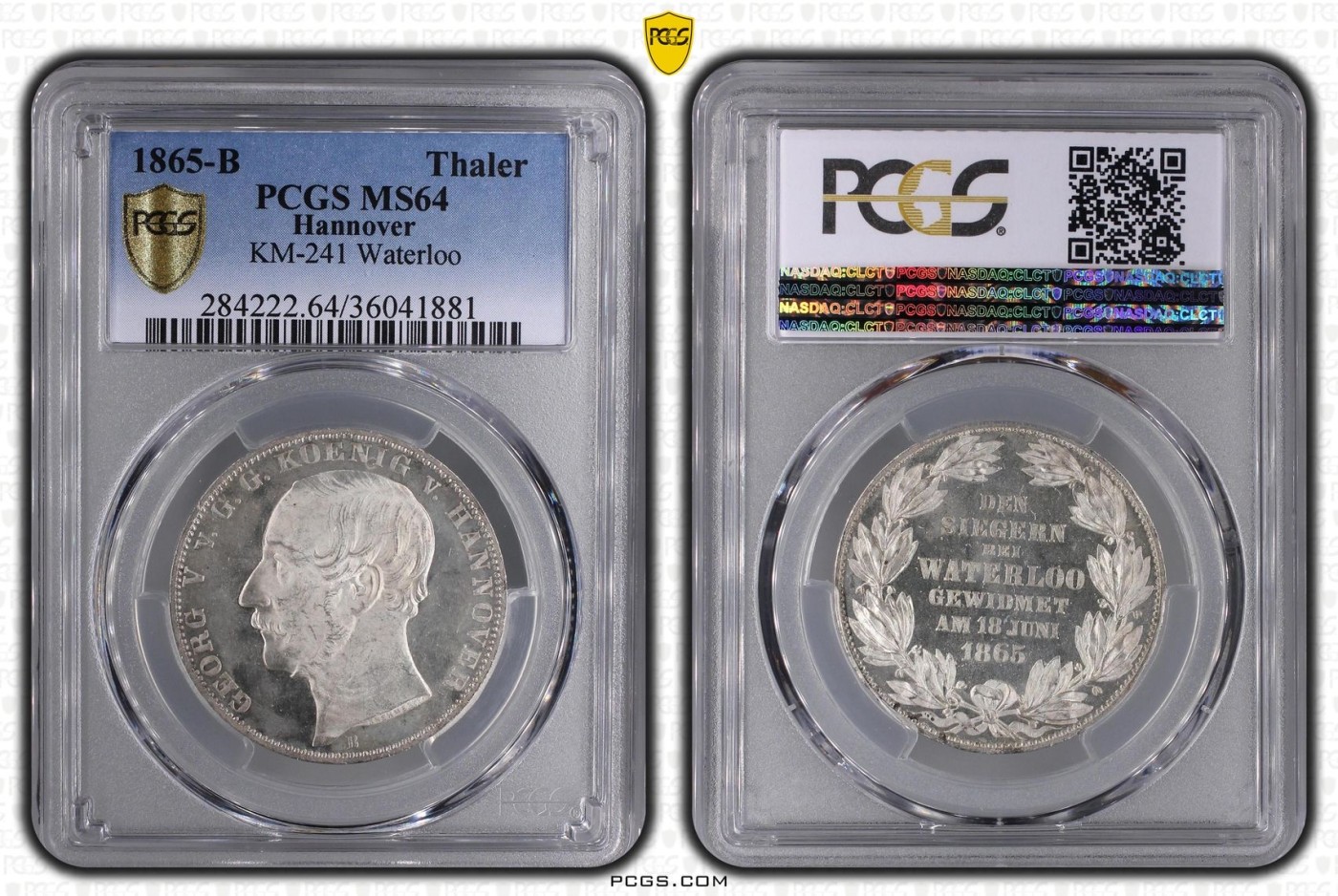 凡希万国世界钱币年度大拍第二季 PCGS MS64 1865汉诺威滑铁卢战役纪念1泰勒 发行量15000枚 一说用于奖励参加过滑铁卢战役的老兵 拥有非常强烈的镜面凝霜感