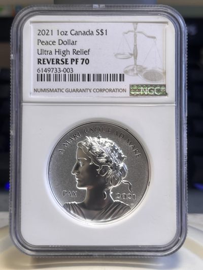 【海寕潮】拍卖第九十六期【年前狂欢节第一场】 - 【海寧潮A】加拿大2021从海到海和平女神高浮雕银币NGC-REVERSE  PF70无盒证书，