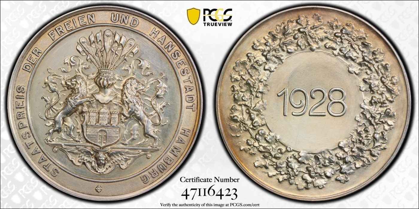 凡希万国世界钱币年度大拍第二季 PCGS SP62 1928年德国汉堡自由汉萨城自由奖大银章 44MM左右 汉堡城市双狮盾徽代表自由和不可侵犯