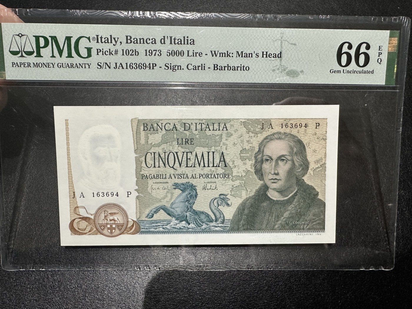 《外钞收藏家》第三百二十六期（连拍第三场） 1973年意大利5000里拉 PMG66