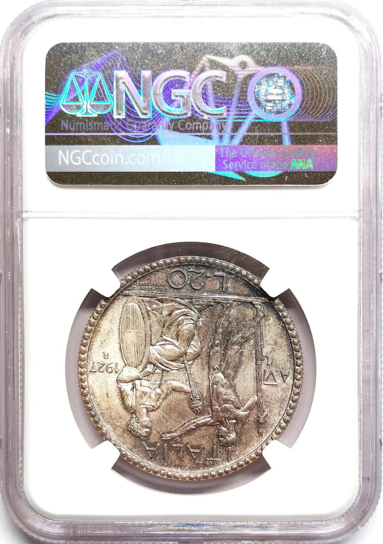 凡希万国世界钱币年度大拍第二季 荐！NGC MS66 1927意大利束棒裸男20里拉银币 高分潜力股 绝美天花板品相！