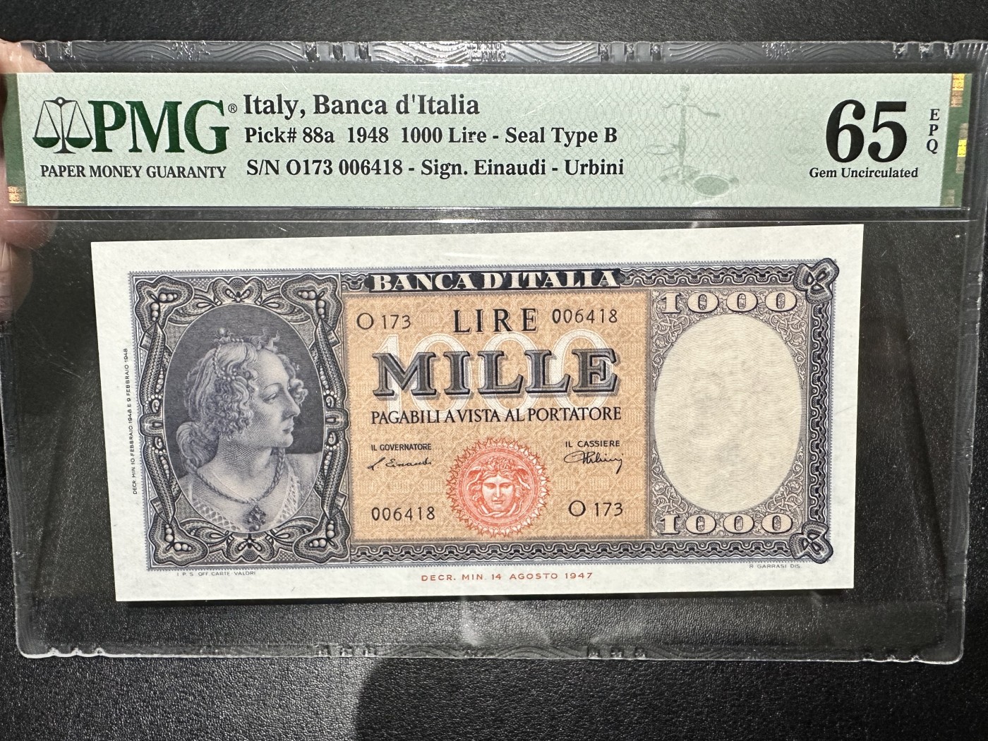 《外钞收藏家》第三百二十六期（连拍第三场） 1948年意大利1000里拉 PMG65