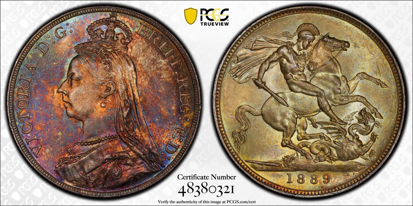 凡希万国世界钱币年度大拍第二季 PCGS MS63 1889年英国维多利亚马剑1克朗 双面幻彩