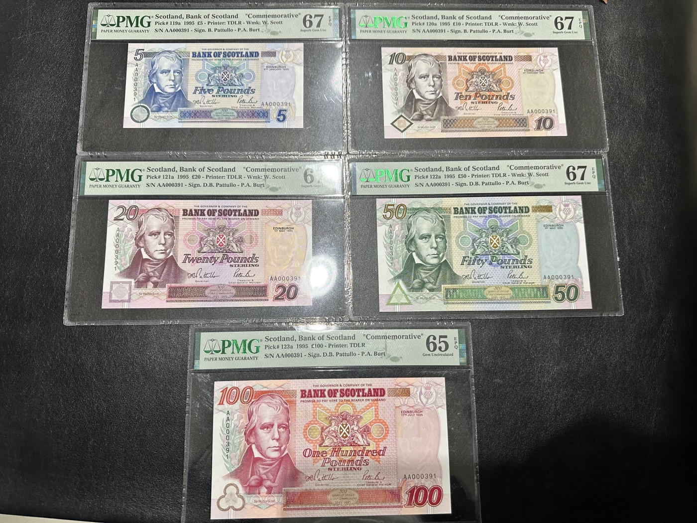 《外钞收藏家》第三百二十六期（连拍第三场） 1995年苏格兰5-100镑 五张一起 全同号百位391号 分数如图