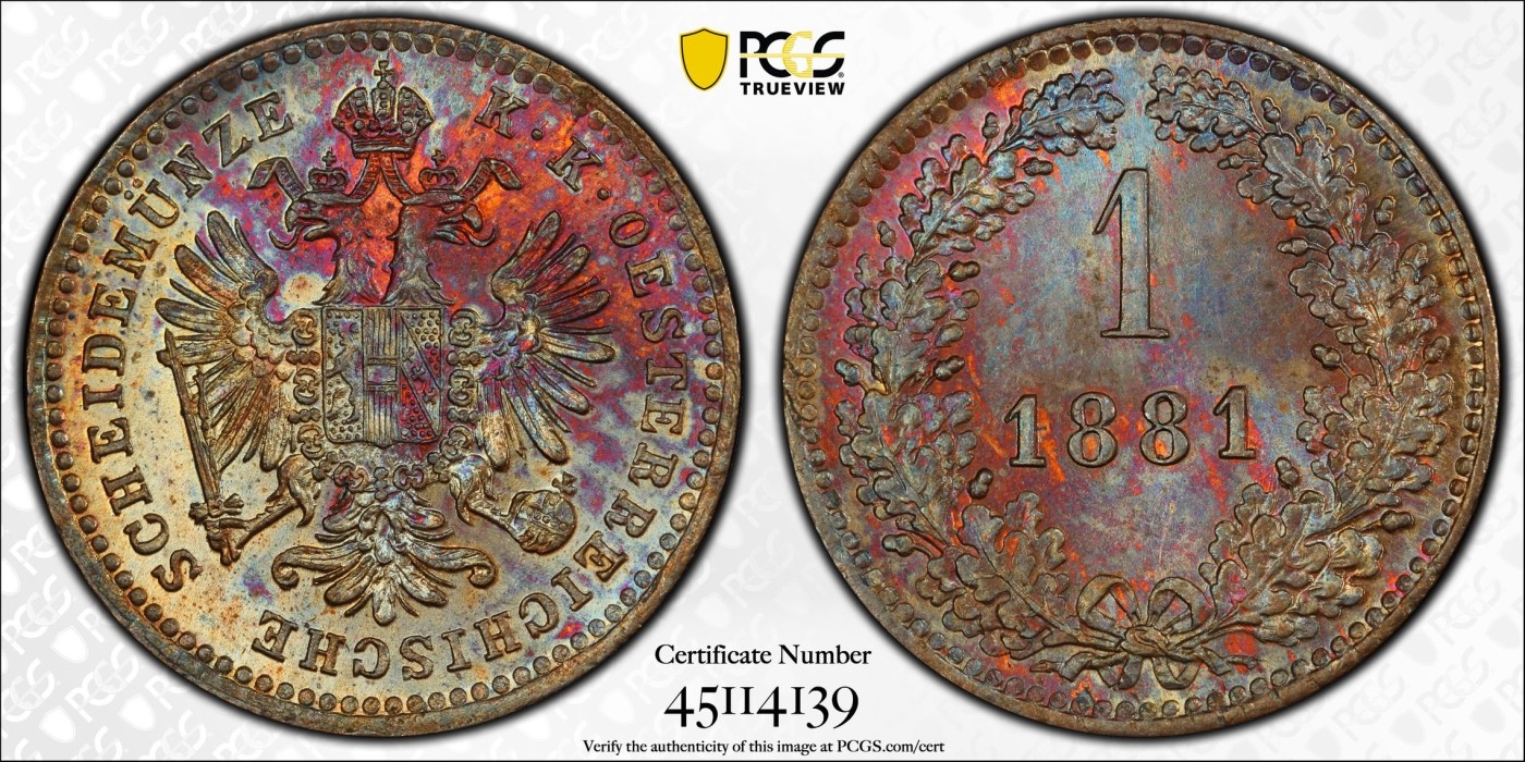 凡希万国世界钱币年度大拍第二季 PCGS MS63BN 1881奥地利克鲁泽铜币