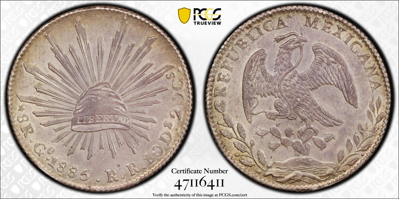 凡希万国世界钱币年度大拍第二季 PCGS MS63 1885GO墨西哥花边鹰洋 淡紫金包浆上手漂亮！