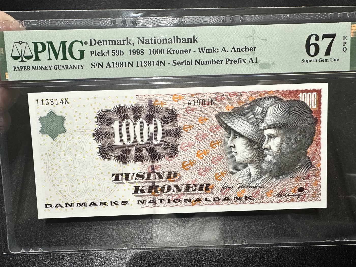 《外钞收藏家》第三百二十六期（连拍第三场） 1998年丹麦浮雕版1000克朗 PMG67