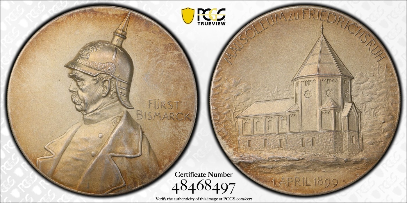 凡希万国世界钱币年度大拍第二季 PCGS SP64 1899年德意志的脊梁前首相俾斯麦逝世下葬纪念大银章 MATTE磨砂工艺齿边 环金彩